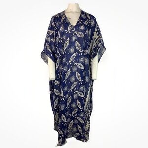 VTG Mary McFadden One Size Shell Fish Print Maxi Kaftan Dress Blue Polyester